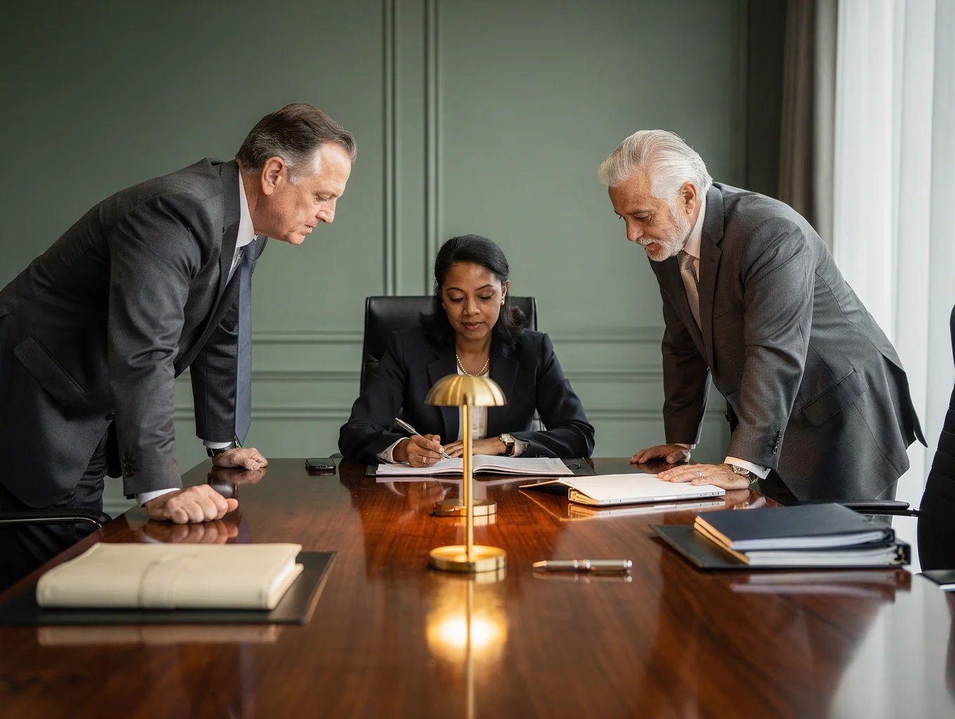 Legal team reviewing corporate merger documentation