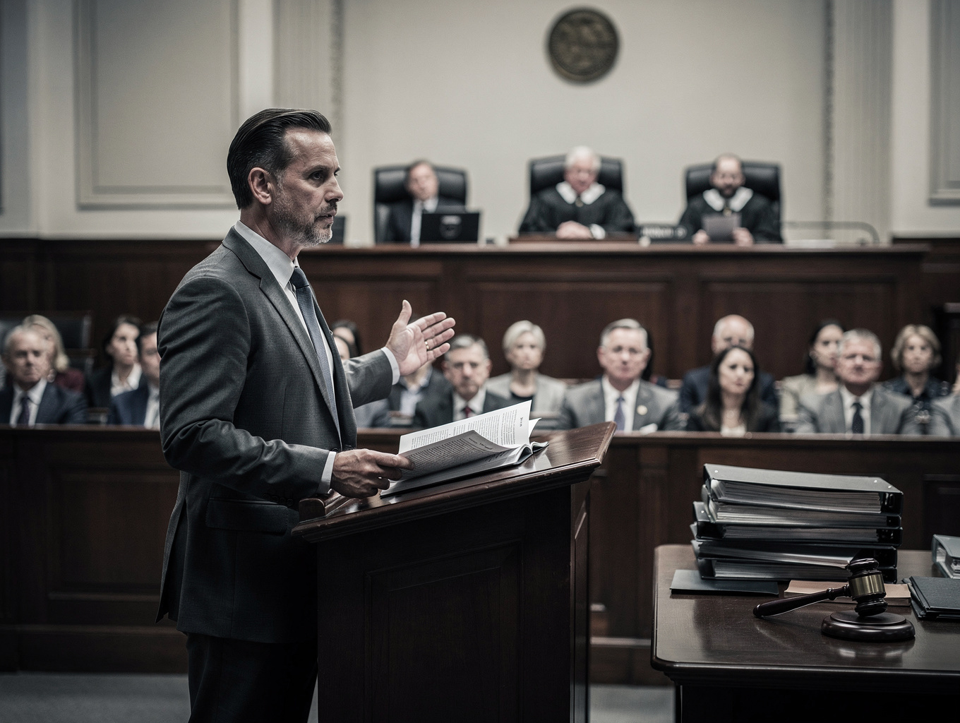 Patent litigation courtroom strategy session