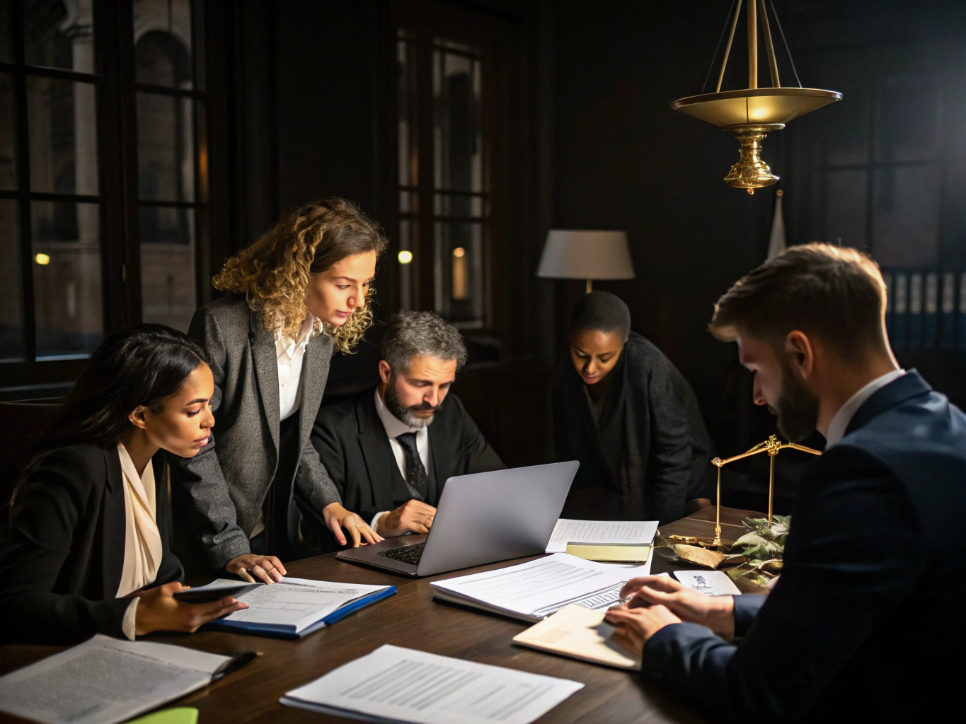 Professional legal team reviewing merger contract documents